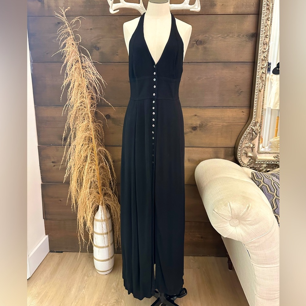 Free People black racer back tank button front maxi dress